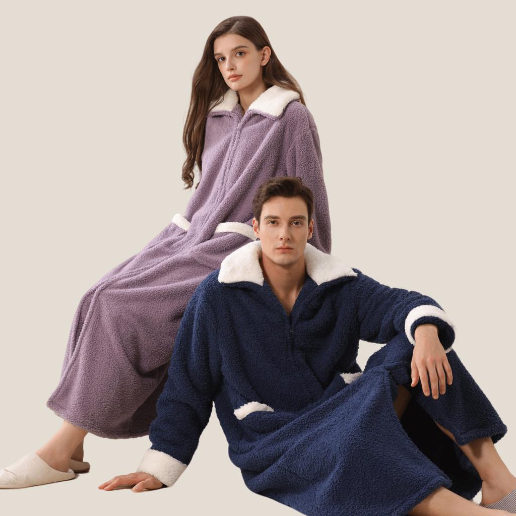 Men's Plush Bathrobe Zipper Up Long Housecoat Winter Warm SPA Fleece Duster Robe with Pocket Flannel Full Length Loose Fit Nightgown Sleepwear for Men