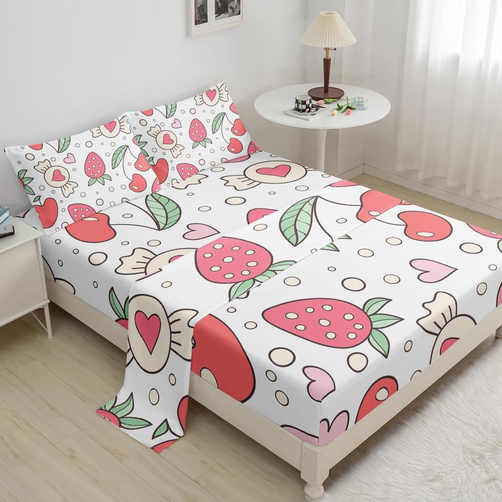 Cartoon Fruit Strawberry Pattern Bed Hat Four-Piece Bedding Set Bedroom Dormitory Bedding Decoration