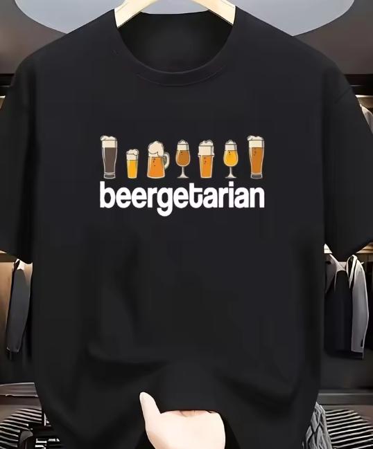 Maglietta Unisex Cotone Divertente Vegana Amante della Birra Stampa Beergetarian Con Bicchieri da Birra Simbolo Vegano Blu Navy Girocollo Maglietta Casual