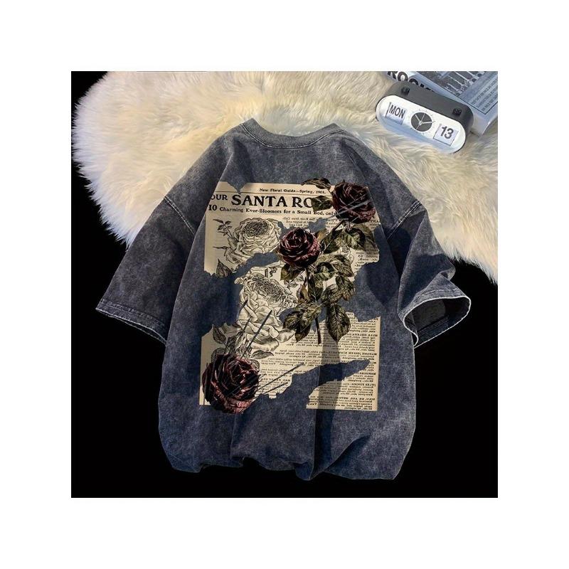 

European Size Vintage Washed 100% Cotton Retro Newspaper Rose Printed Short Sleeve T-Shirt, Men s American Style Top for Fitness& Daily Casual Loose 5XL чорний