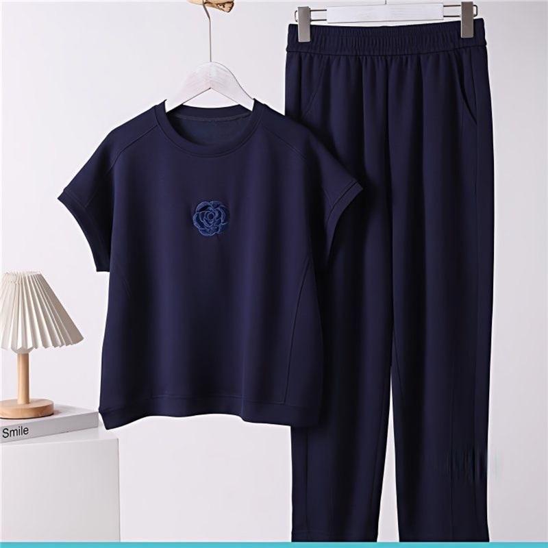 Women's 2 Piece Outfit Floral Embroidery Contrast Collar Short Sleeve Top + Elastic Waist Casual Pants Set