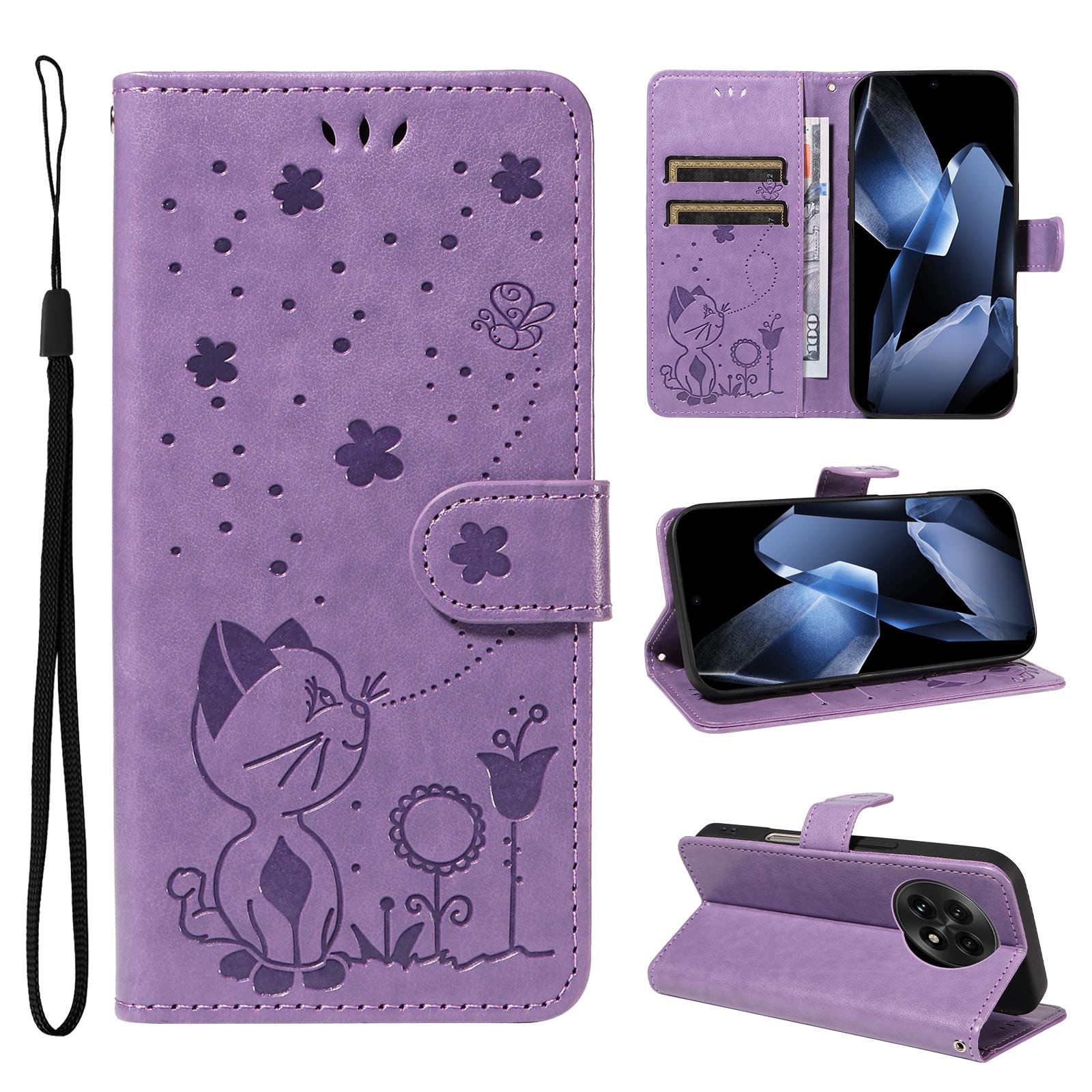 

For OnePlus 13 Leather Case Cat Bee Pattern Phone Cover Wallet Stand with Strap Purple