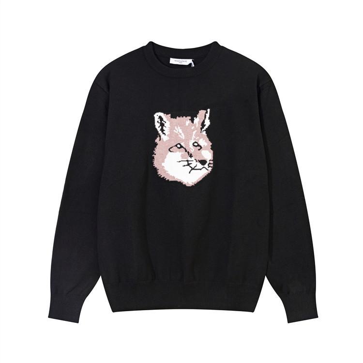 Unisex Crew Neck Long Sleeve Loose Fit Korean Cotton Knit Sweater Fox Head Embroidery Pullover Cardigan Couple Knitwear