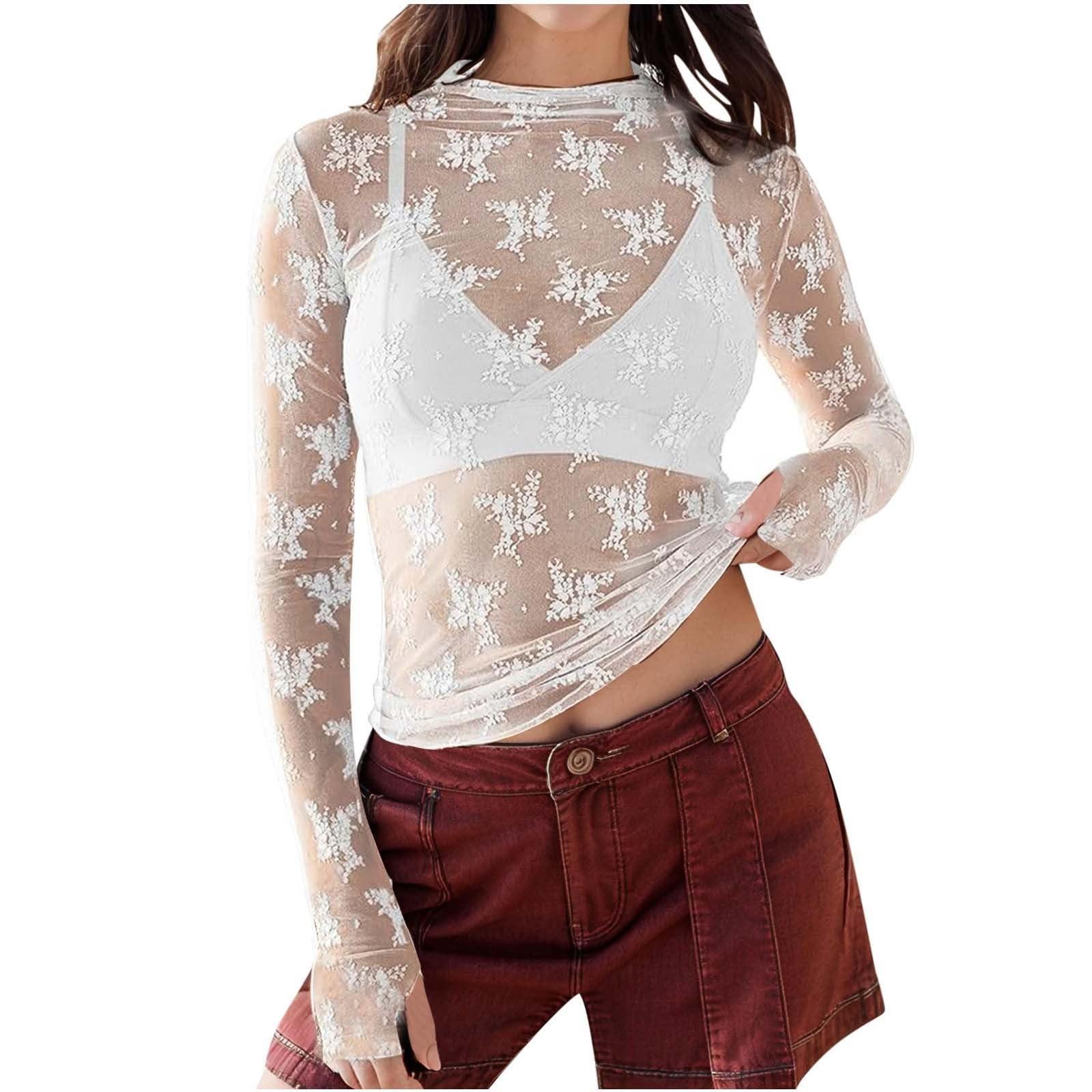 

Прозрачные топы с длинным рукавом для женщин, сексуальные сетчатые рубашки, кружевные блузки с цветочной вышивкой и воротником-стойкой M белый