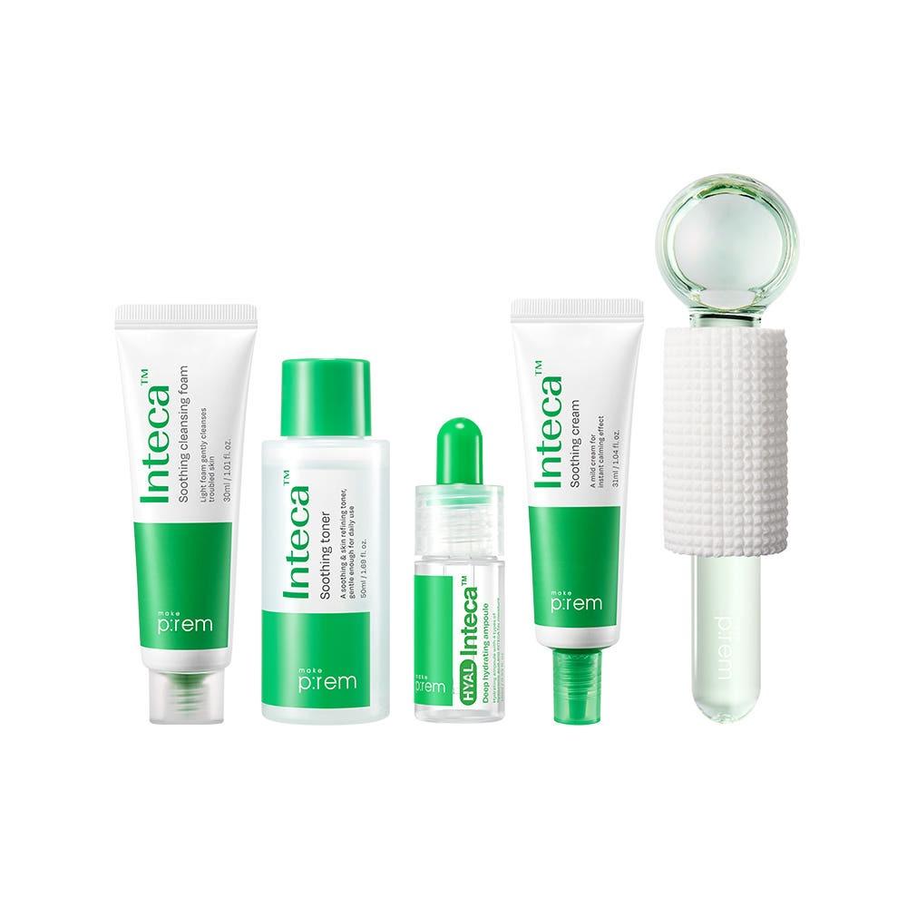 Make P:rem Inteca Soothing Trial 4-Piece Kit + Cooling Massager Set Deep Hydration Calming Skin Barrier Repair Travel Routine Gift Pack