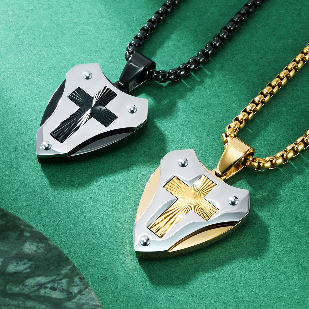 Pendant Necklace Men's Mechanical Style Shield Folding Fan Texture Two-Color Couple Pendant Sweater Chain