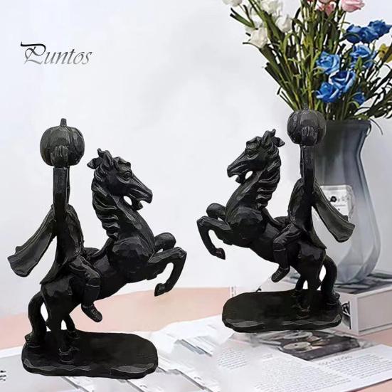 Resin Horse with Pumpkin Headless Horseman Holding Statue, Matte Black Halloween Figurine, Unique Dark Atmosphere Ornaments Gothic Tabletop Decor for