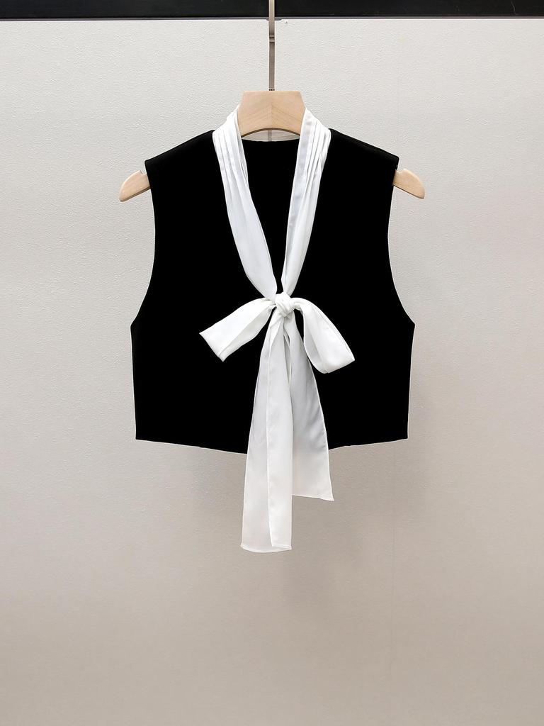 S Family Autumn French Hepburn Color Block Ribbon Bow Short Loose Vest Top