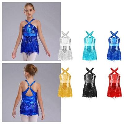 Niños Niñas baile latino Cha-Cha disfraz de actuación borla de lentejuelas brillantes ropa deportiva atlética leotardo mono con flecos Ropa de baile