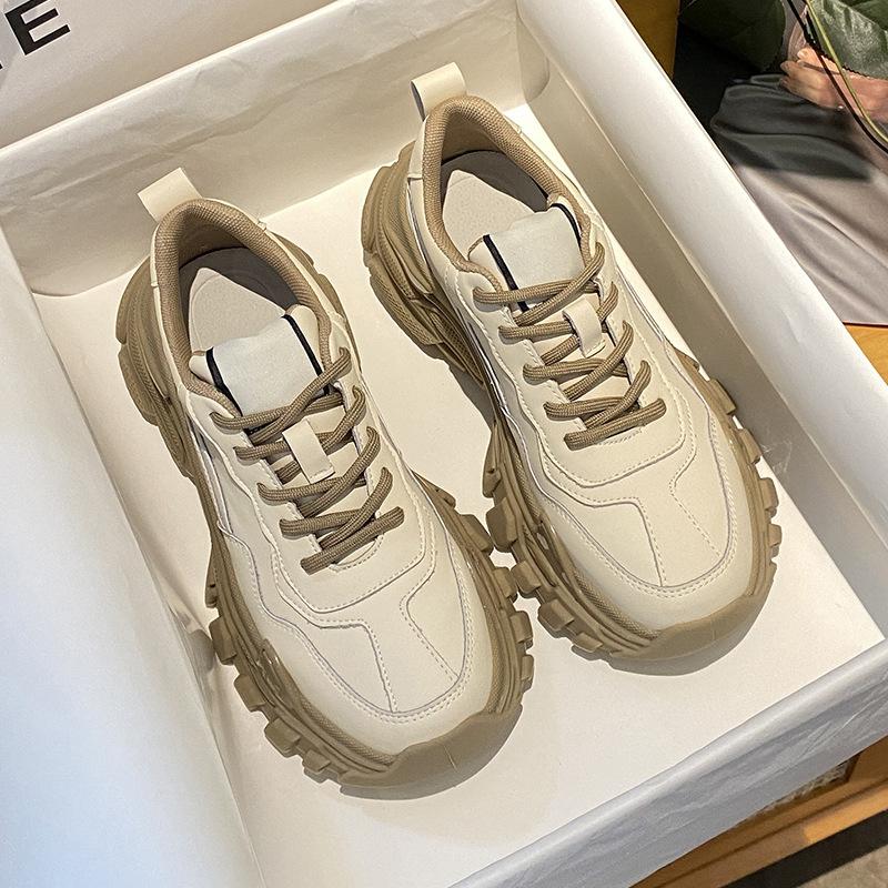 Fashion Real Cowhide Sports Casual Milk Tea Color Ins Trendy Single Shoes Spring New Thick-soled Daddy Shoes Women's Shoes
