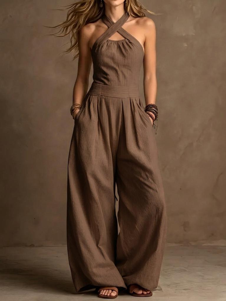2026 summer new neck cross jumpsuit, European and American style waist back wide-leg pants, cross-border women's clothing
