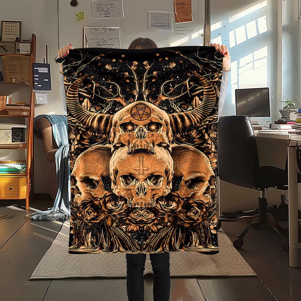 1Pc Skull Satan Print Flannel Blanket, High Quality Comfortable for All Seasons, Home Decor, Warmth and Comfort, Perfect for Christmas Gifts