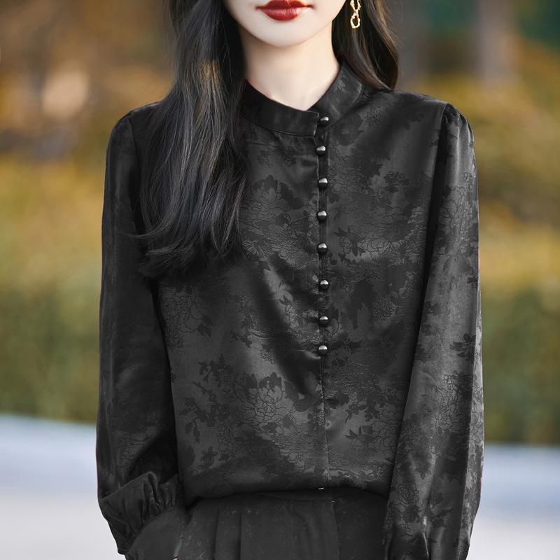 Dámská košile v čínském stylu pro jaro, nový styl, malý stojáček, luxusní top s dlouhým rukávem, retro košile