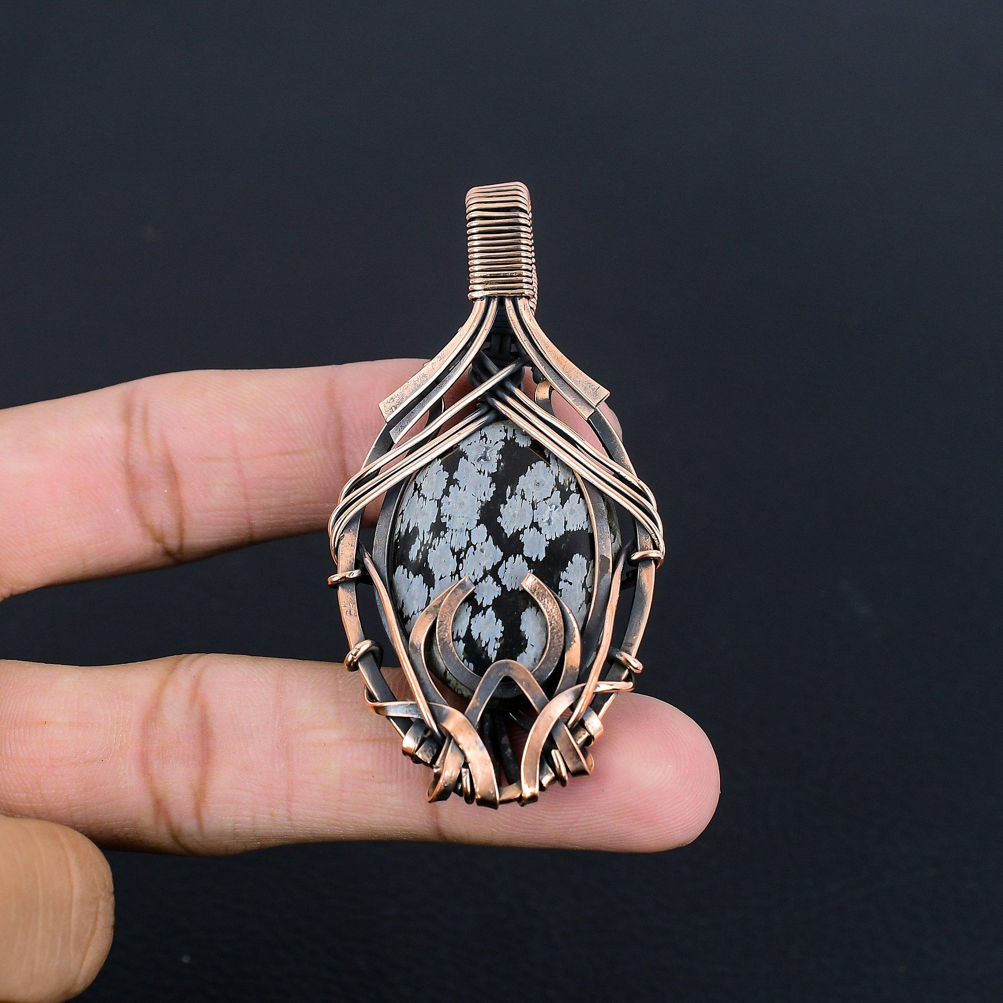 

Snowflake Obsidian Pendant, 999 Copper Wire Wrapped Gemstone Handmade Dainty Jewelry Pendant, For Her 2.55 Inches