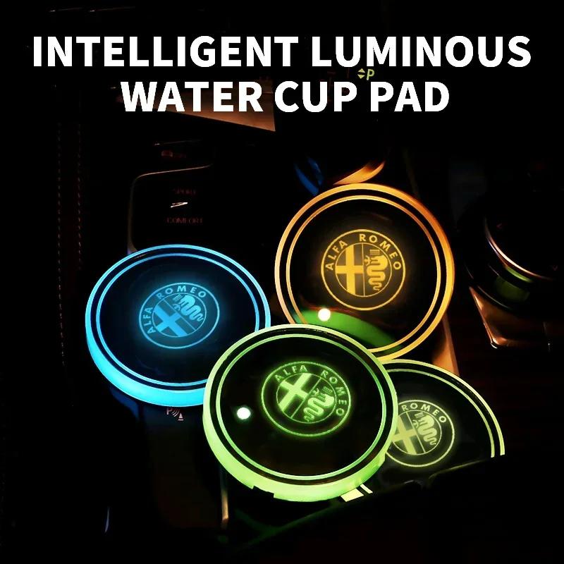 For Alfa Romeo 1/2pcs Car Luminous Water Cup Pad LED Atmosphere Light For Alfa Romeo Giulia Stelvio Giulietta 159 147 156 166 Ca