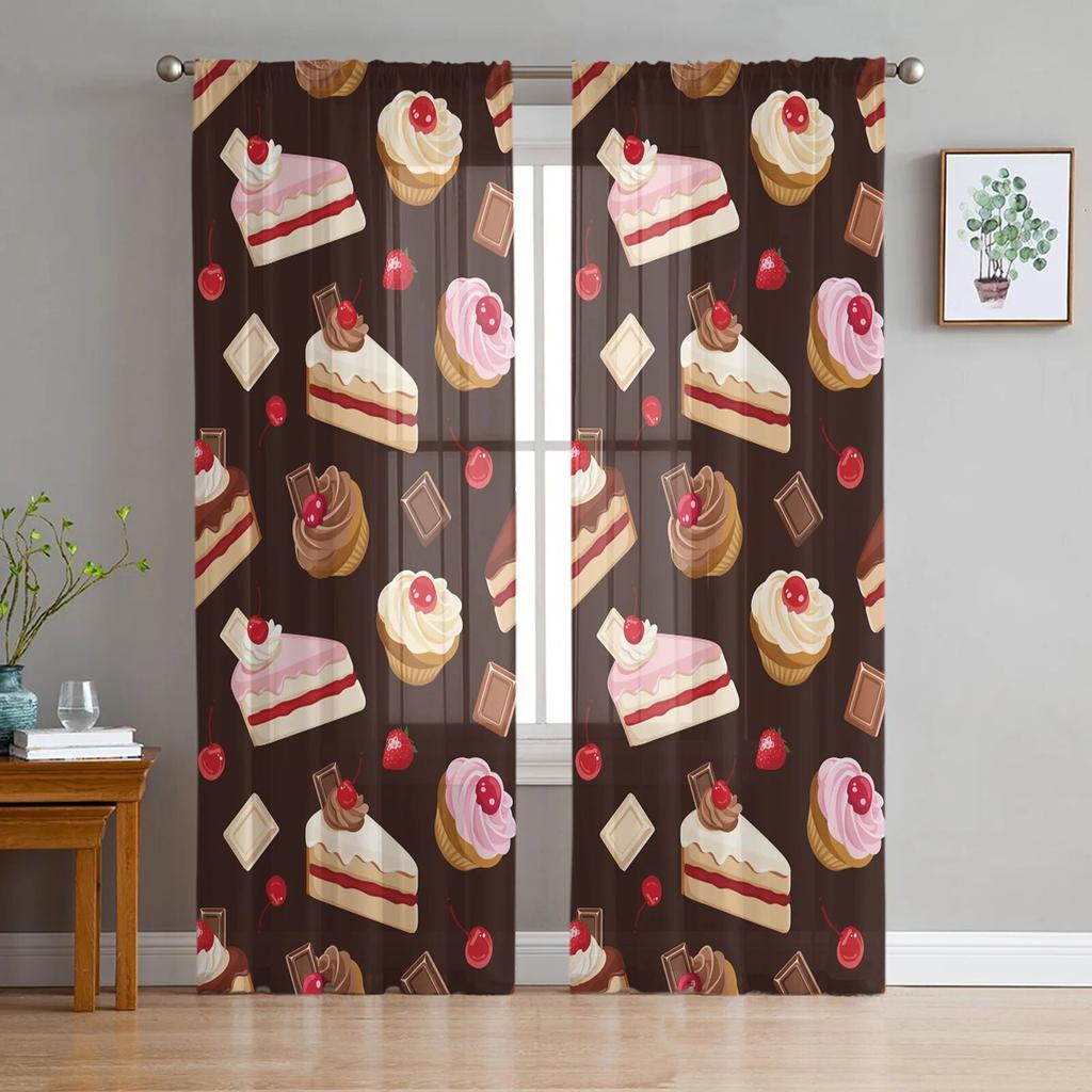 Cartoon Food Ice Cream Cup Sheer Window Curtains for Living Room Bedroom Kitchen Room Chiffon Tulle Curtains Panel