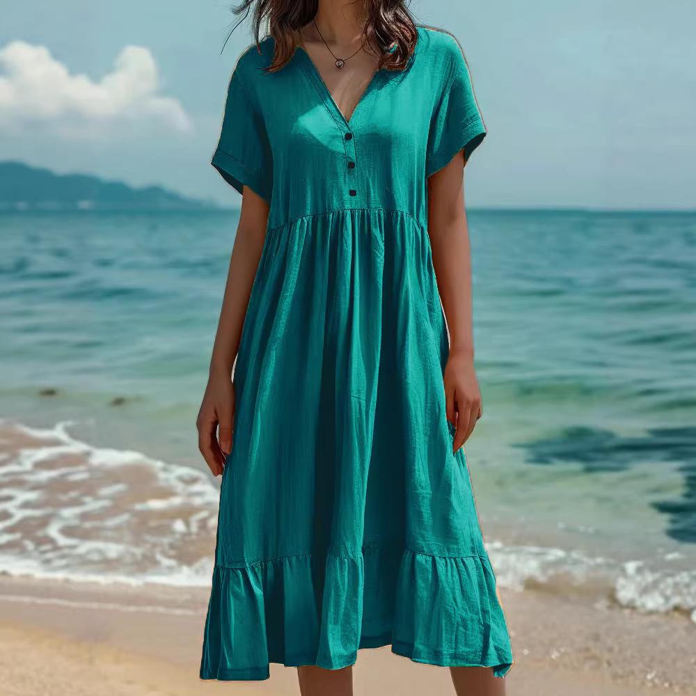 2026 Spring/Summer European & American Women's Solid Color Pleated Short Sleeve Fashion Dress