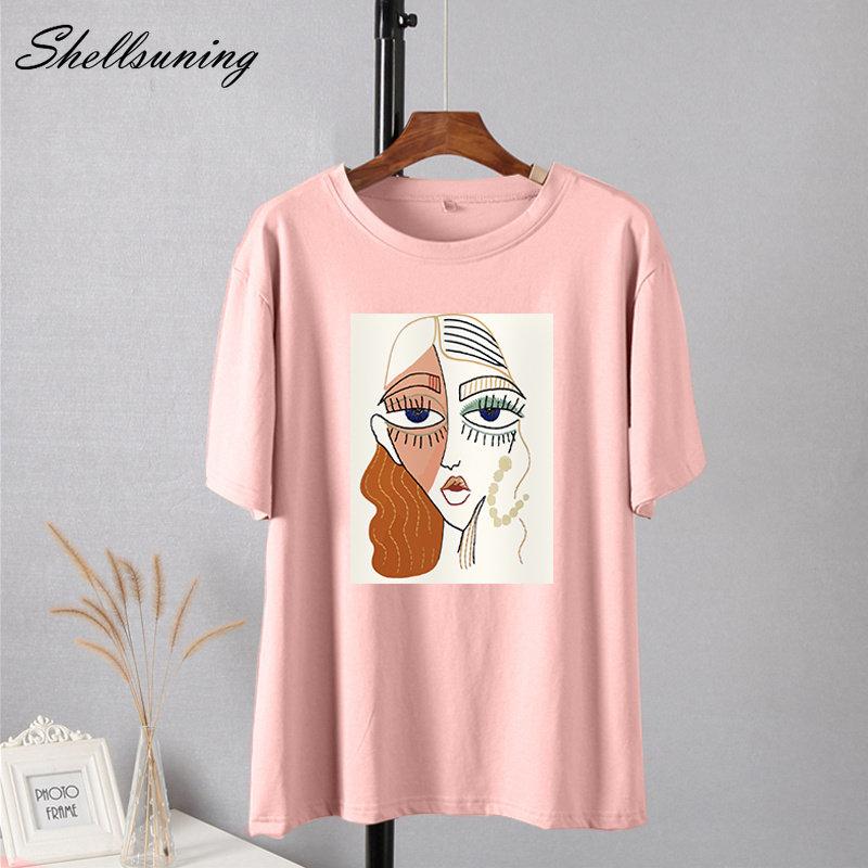 Shellsuning Summer Retro Character Printed T Shirts Women Korean Graphic Trendy Tees Loose Casual Short Sleeve Female Tops