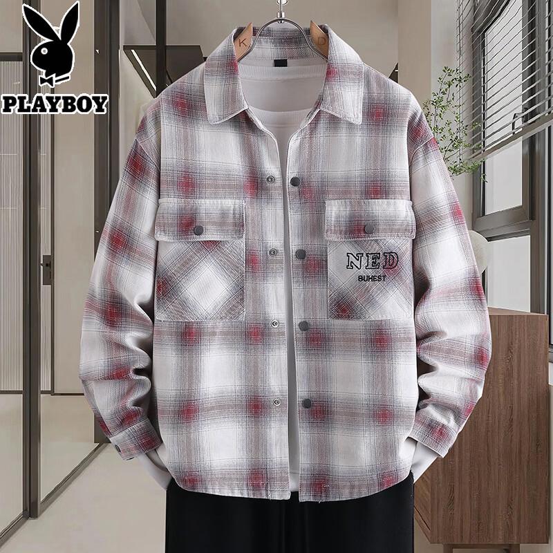PLAYBOY Men s 2026 Spring Casual Loose Long-Sleeve Double Pocket Plaid Shirt M