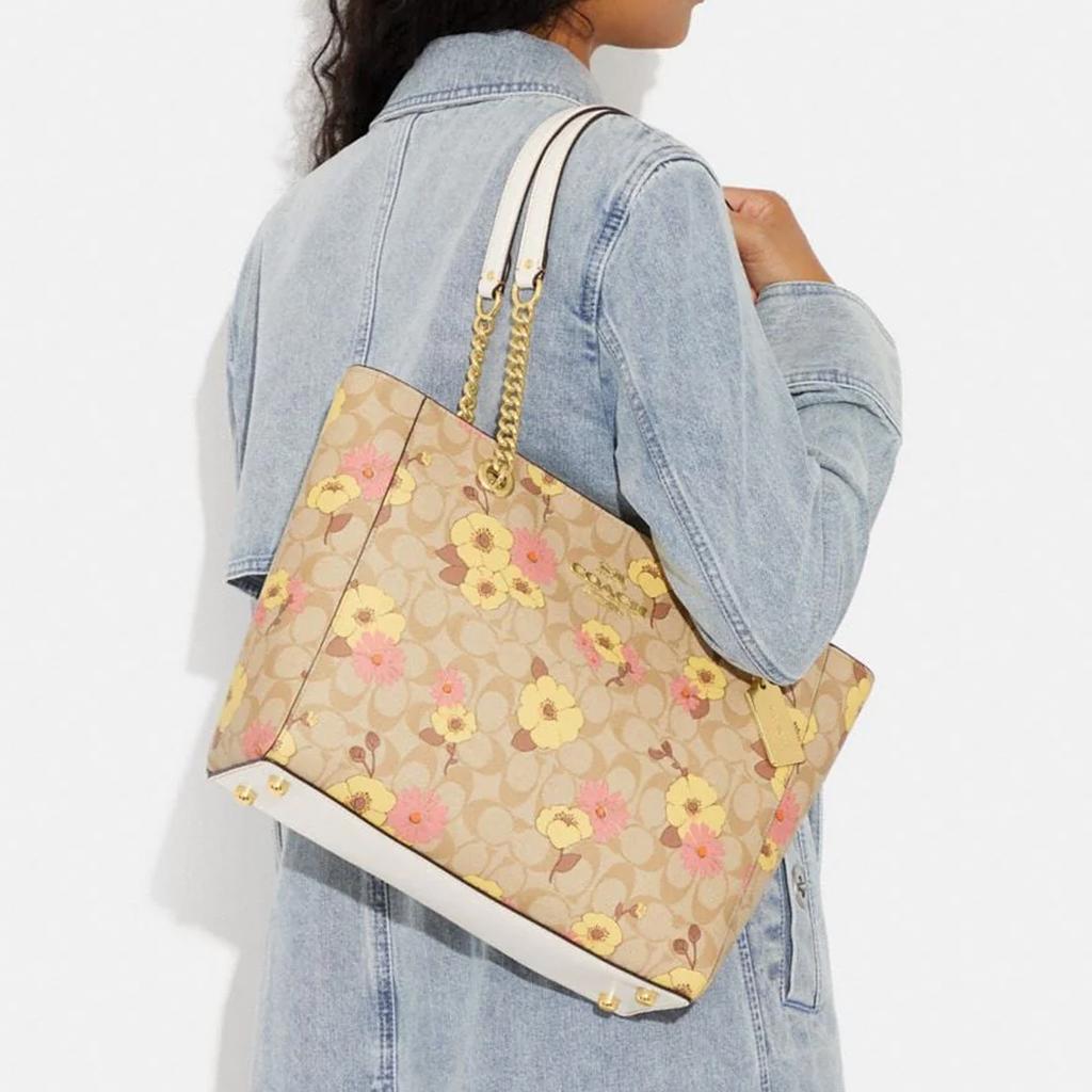 Coach Cammie 32 Gold Letter Logo Floral Cluster Print Classic Monogram Coated Canvas And Leather Tote Bag Women Tote Bags Khaki CH545-IMOT4