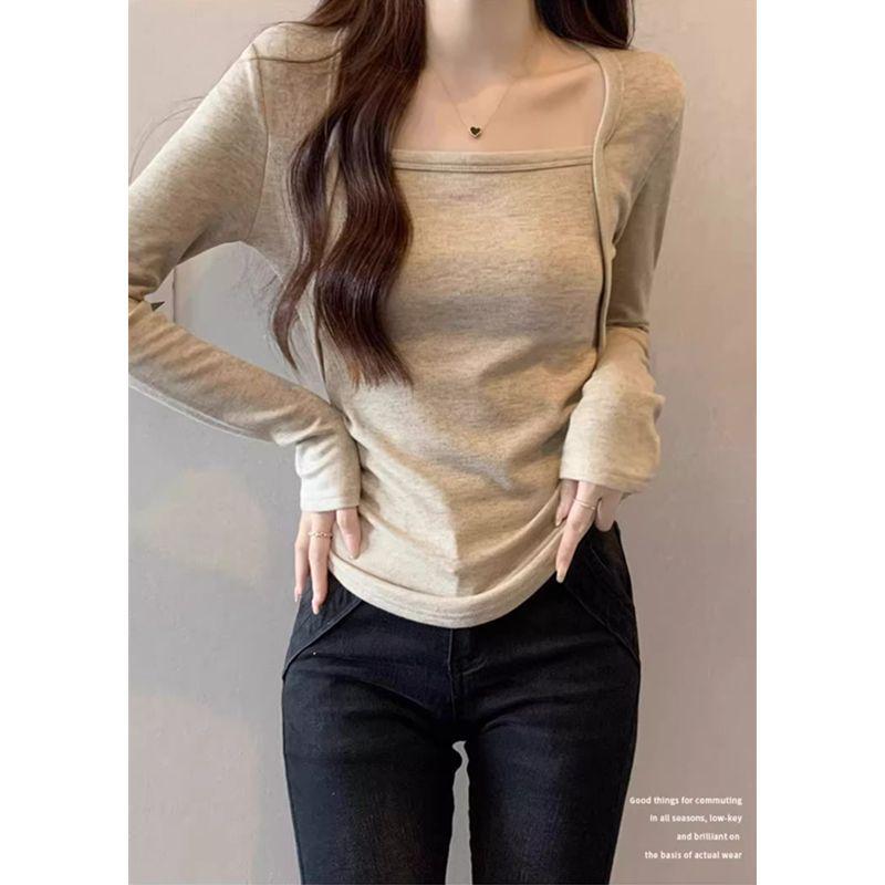 Long Sleeve Square Neck Slim Fit Clavicle Top with Velvet Lining for Women's Autumn/Winter