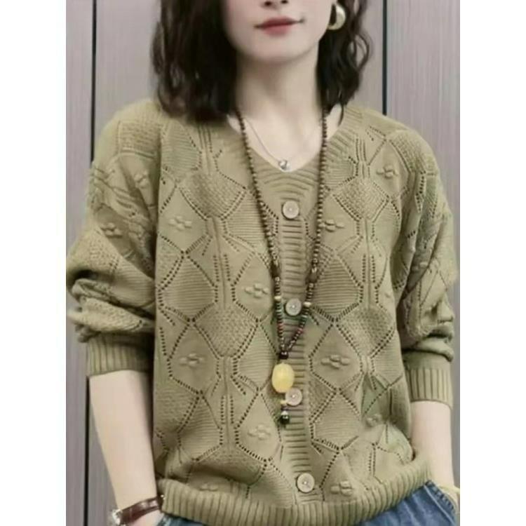 Autumn Casual Fashion Hollow Long-sleeved Pullover Sweater V-neck Loose Large Size Slim Solid Color Button Bottoming Top