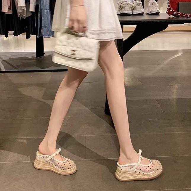 

2025 summer new breathable thick-bottomed mesh hemp rope wedge bow Mary Jane bag head cool slippers women 35