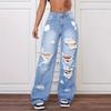 Jeans strappati vita alta dritti versatili larghi in denim donna trendy multi strappati sfilacciati vita alta gamba larga jeans