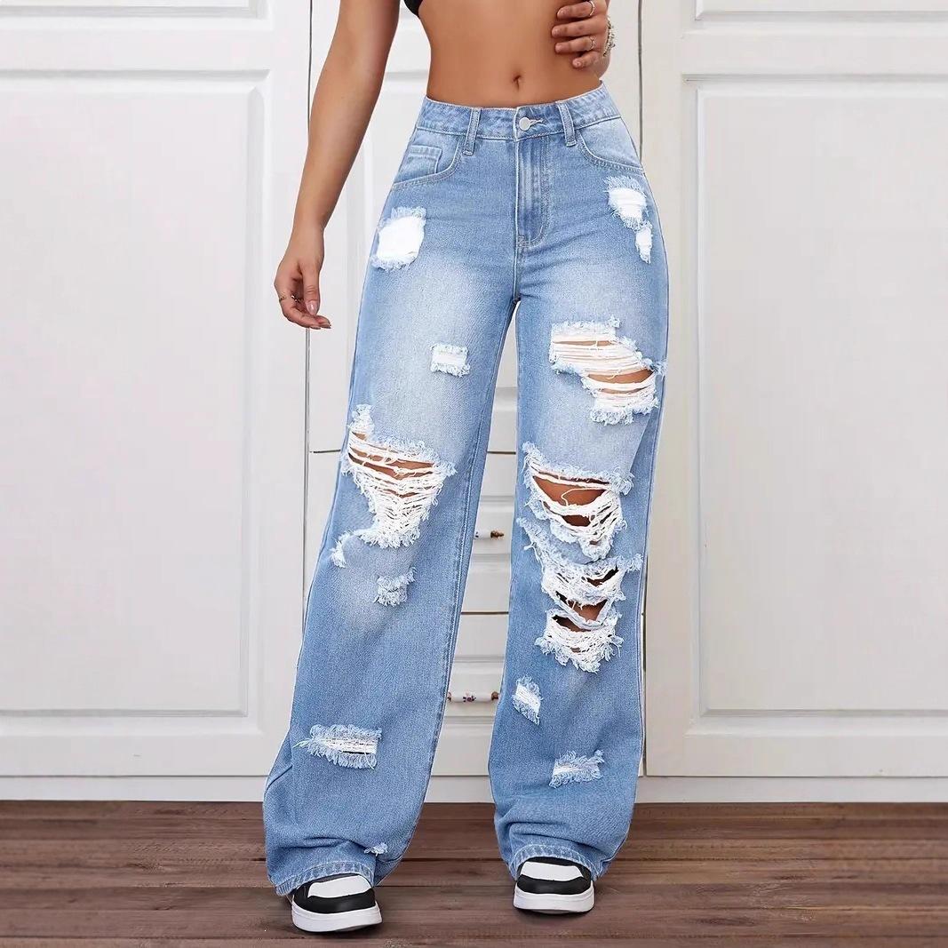 Ripped Jeans High Waist Straight Versatile Loose Denim Trousers Women Trendy Multi Ripped Frayed High Waist Wide Leg Jeans XS синий