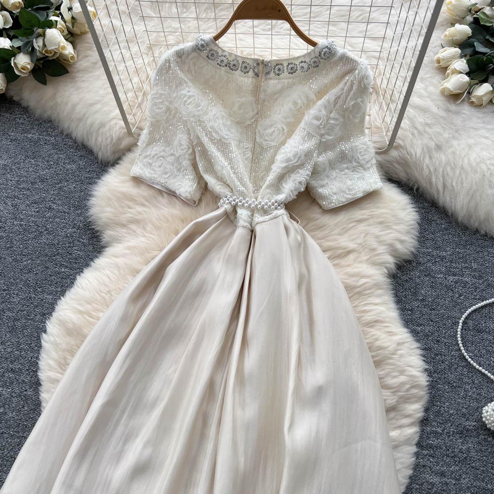 Summer Women Sweet Small Size Flower Beading Fairy Princess Party Dresses For Girl Student With Pearl Belt