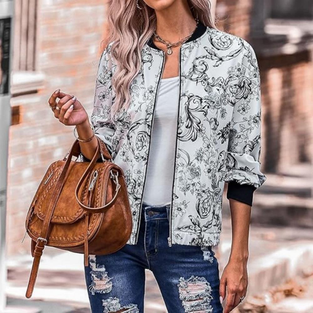 Dámský stylový podzimní/zimní top s potiskem Shanoo pro plnoštíhlé - Lehká bunda v evropském/americkém casual stylu
