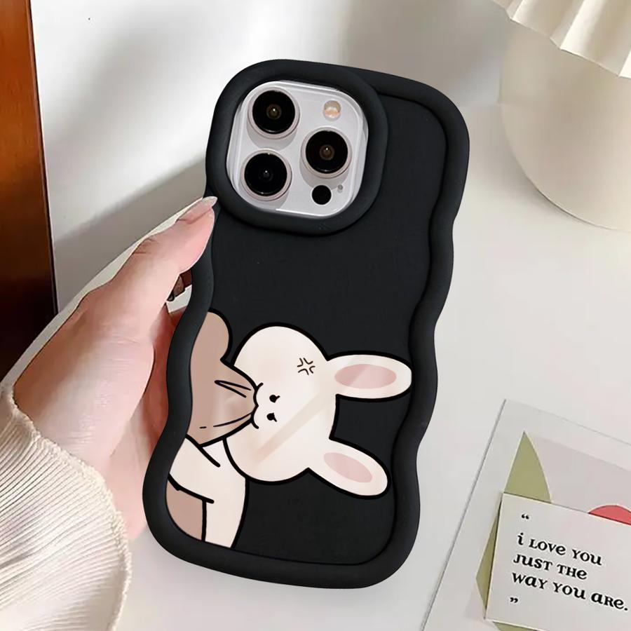 Couple Rabbits Bite Bear Soft Phone Cover Case for iPhone 16 Pro Max 8 14 13 12 11 15 Plus 17 Air XR