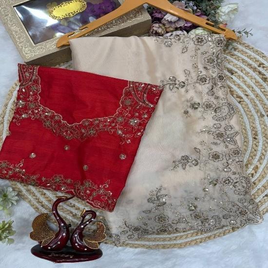 Celebrity Inspired Off-White Organza Saree with Cutwork Zari Embroidery and Heavy Red Silk Blouse UNSTITCHED