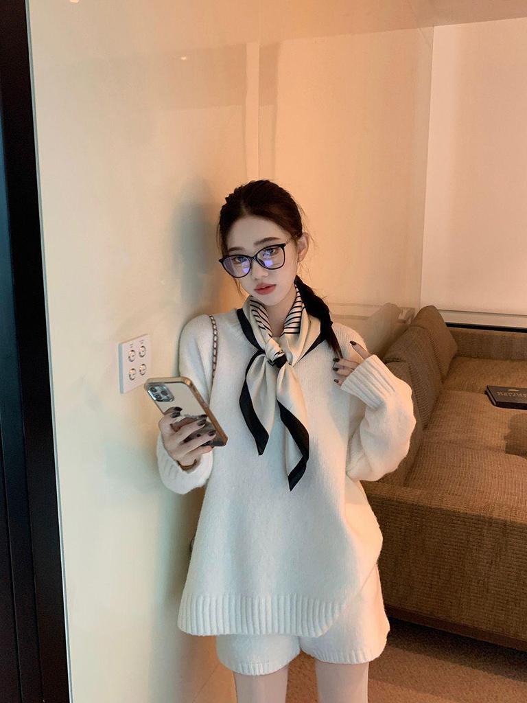 Chic Casual Two-Piece Set: Solid Color Sweater Knitwear & High Waist Wide Leg Shorts for Winter