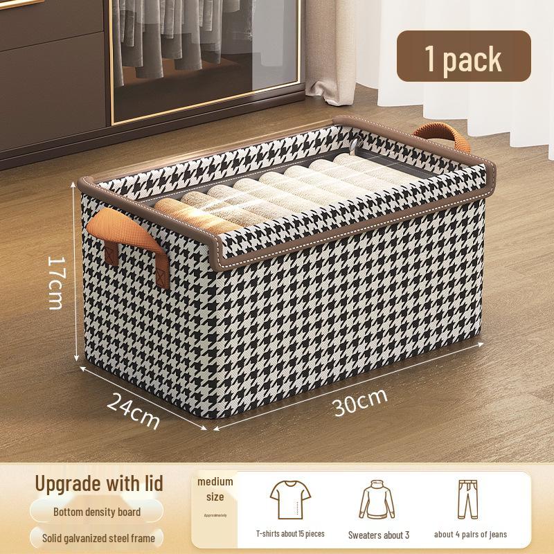 Houndstooth Foldable Quilt Storage Box with Lid - Large Wardrobe Bin for Clothes & Pants.
