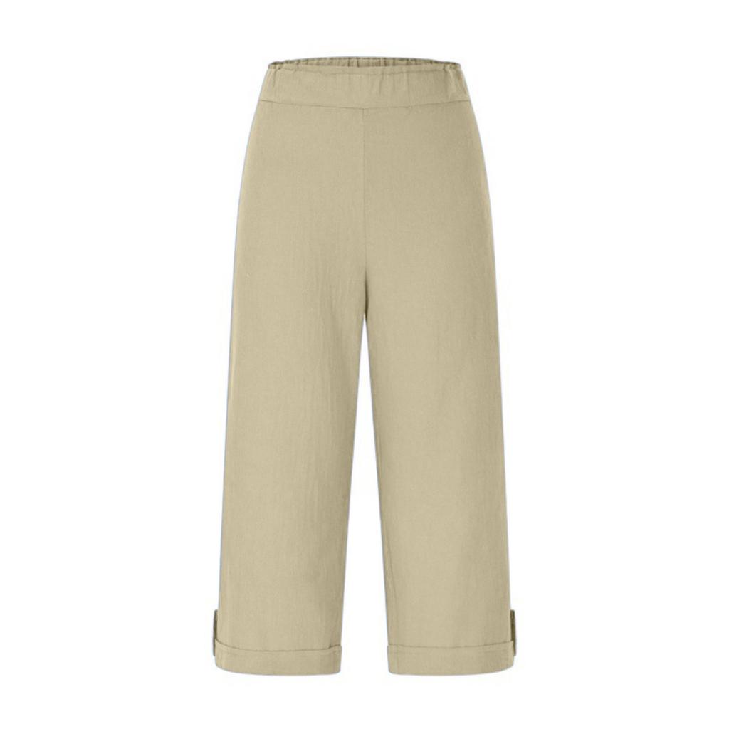 Women’s Casual Loose Fit Capri Pants Cotton Linen Elastic Waist Cropped Trousers with Pockets and Button