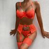 1 Set Sexy Bra Panties Girdle Set Hollow Out See-through Lace Chain Decor High Waist Chain Decor Fishnet Elastic