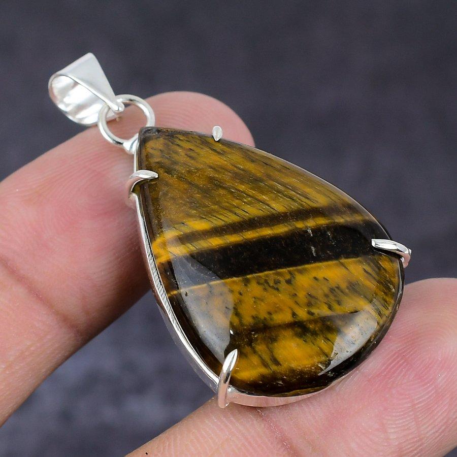 Tiger Eye Handmade 925 Sterling Silver Jewelry Pendant 1.81" s4K87