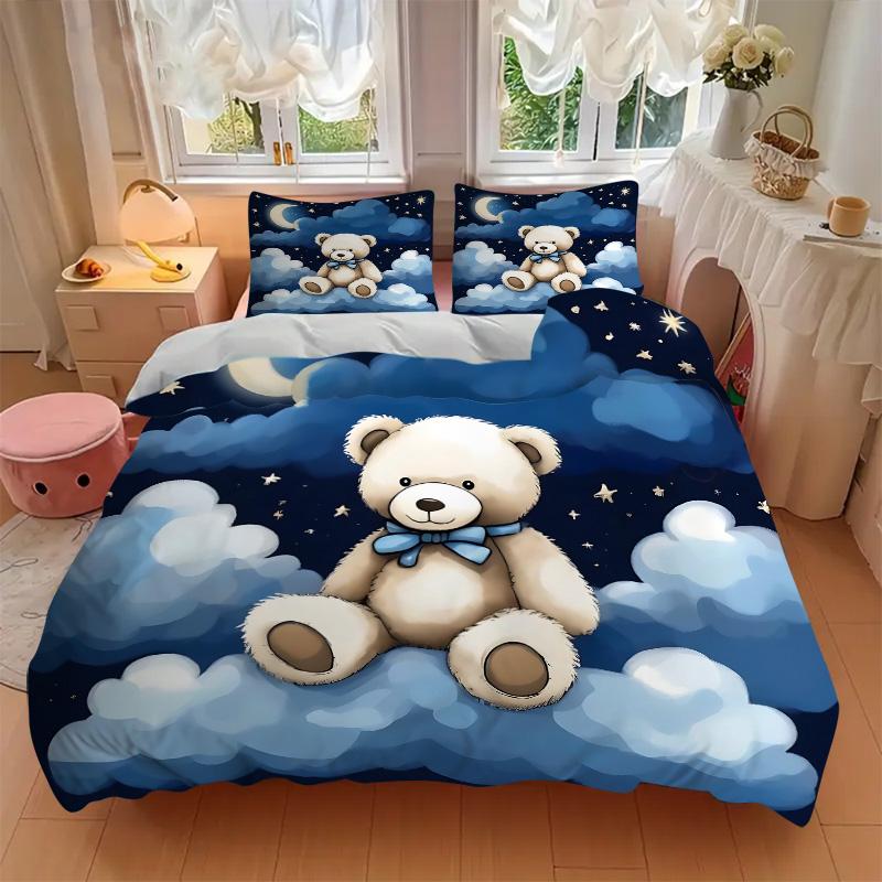 Teddy Bear Clouds Print 3Pcs Bedding Setduvet Cover With 2 Bedropillowcase Home Birthday Gift
