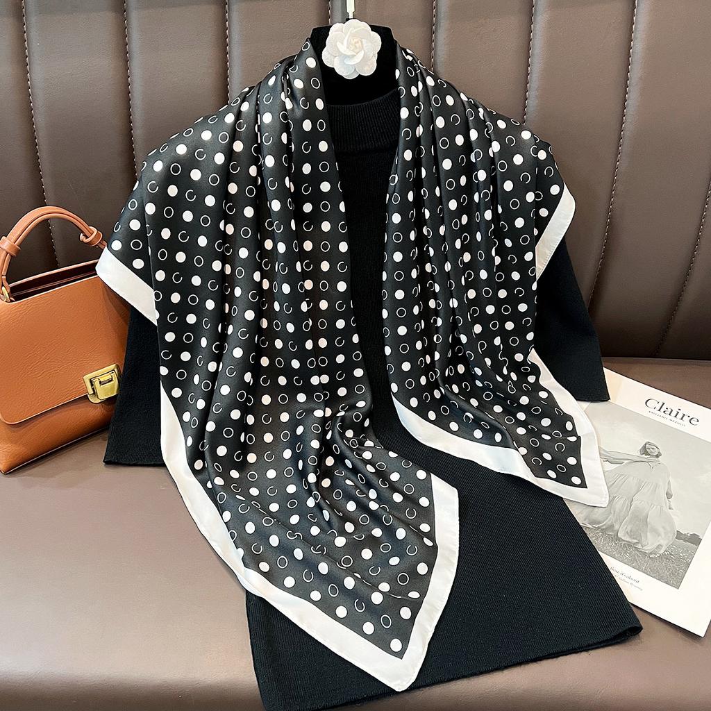New European Simple Black and White Elegant Large Square Scarf Women's Professional Commuter Decorative Scarf Suit Shirt with Silk Scarf