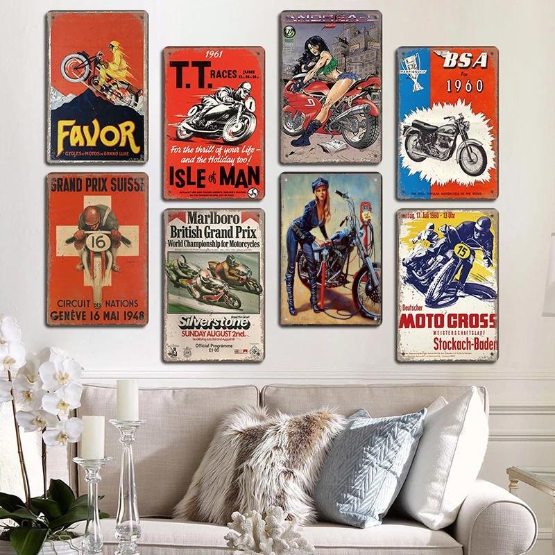 Vintage motokrosový plakát Kovové plechové cedule Motocykl Grand Prix Kovová plaketa Nástěnná dekorace pro garáž Moto Club Man Cave Bar