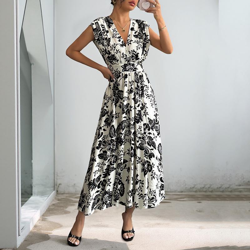 2026 Summer European Floral V-Neck Sleeveless Waist-Cinching Dress for Women