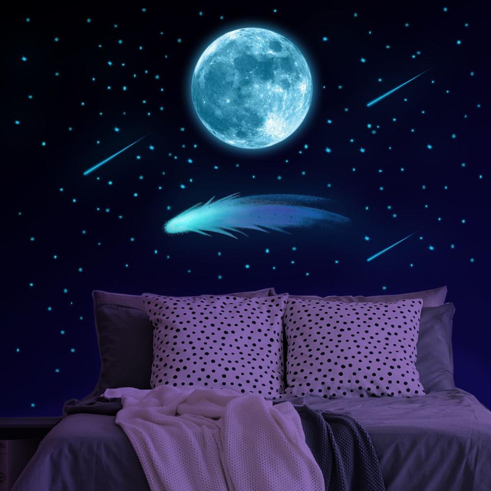 Room Ceiling Decor Home Decal Luminous Wall Stickers Meteor Glow In The Dark Moon Stars Stickers