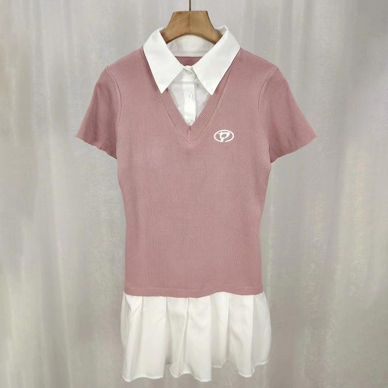 

Платье-двойка в американском стиле с контрастной строчкой, милое облегающее платье А-силуэта с коротким воротником-поло розовый