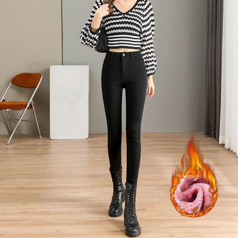 Womens High-Waisted Stretch Denim Pencil Pants 2026 Slim Fit Fleece-Lined Skinny Jeans