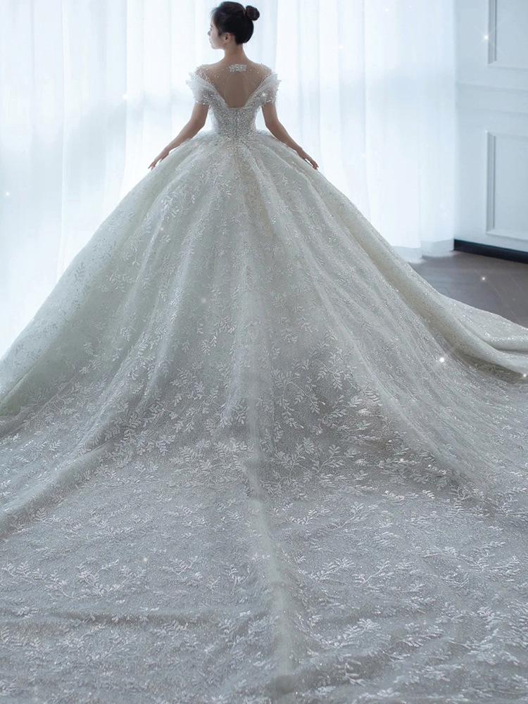 2025 French Luxury Wedding Dress for Petite Pregnant Bride - Princess Style with Train and Heavy Embroidery (D102)