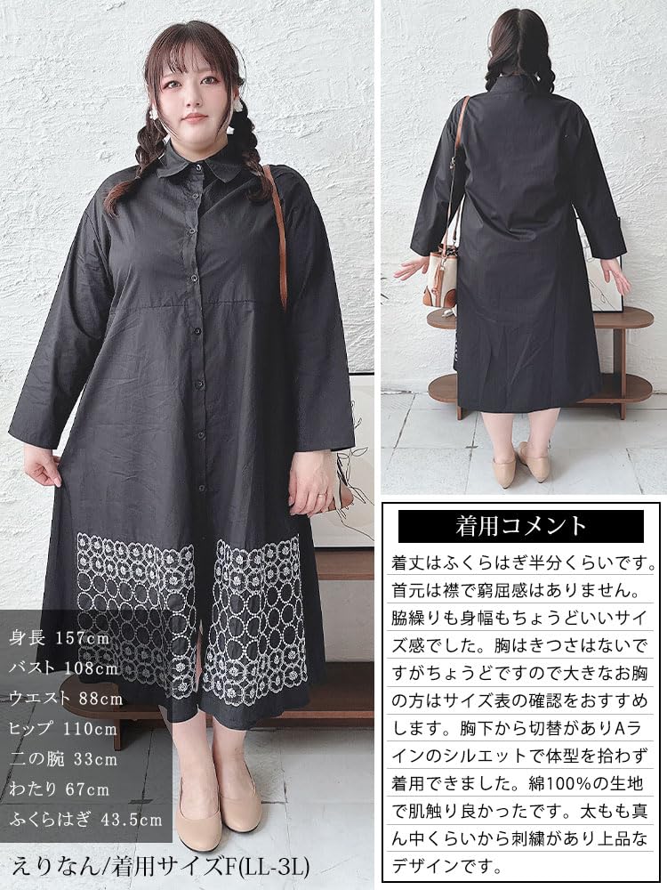Gold Japan Plus Size Embroidered Floral Long Regular Sizes Women's Dress, Print, Sleeve, Collar, Black, L-3L, Goldy-1429
