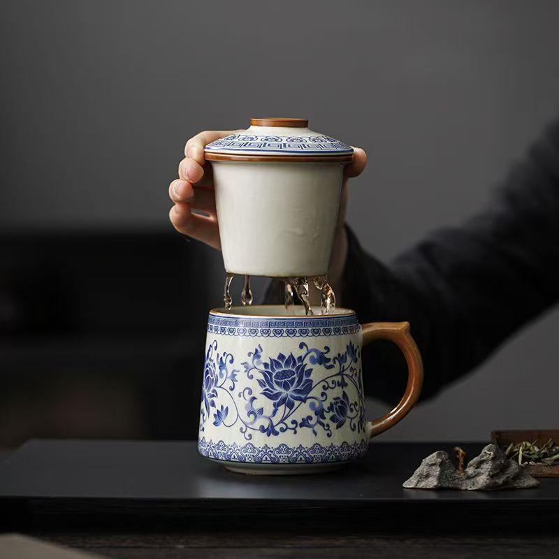 Blue and White Ceramic Office Mug with Tea and Water Separation, Large Capacity.