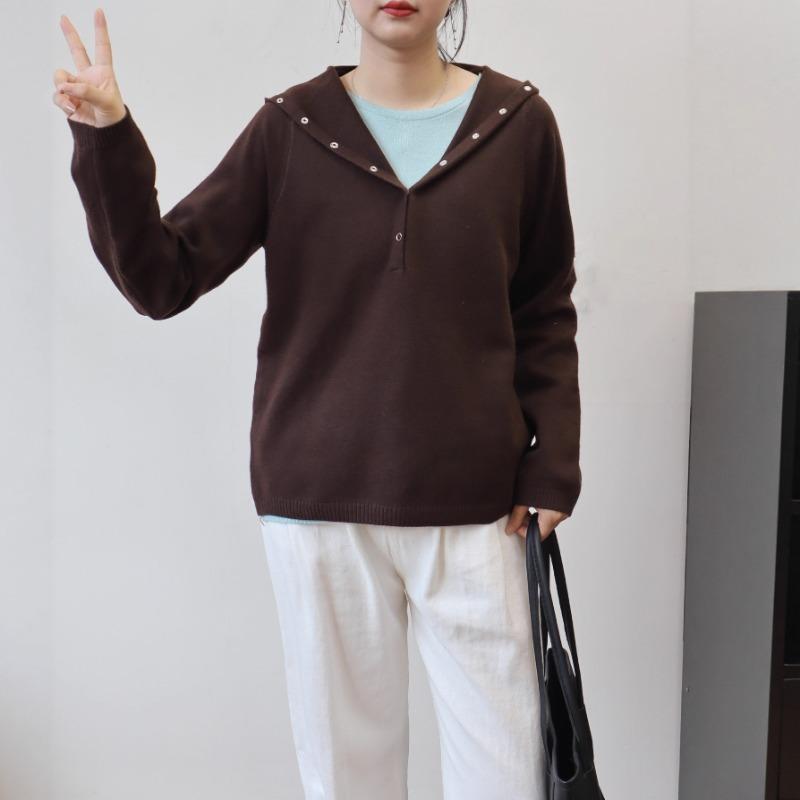 Hooded Knitted Sweater Top Autumn and Winter New Loose Temperament Solid Color Versatile Casual Sweater Pullover Woman