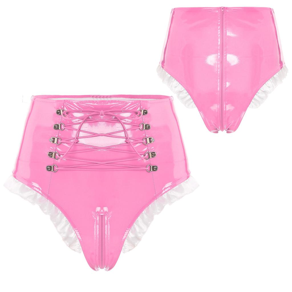 Γυναικείο γυαλιστερό λουστρίνι Frilly Maid Knickers με κορδόνια με φερμουάρ με καβάλο εσώρουχα για παιχνίδι ρόλων για νυχτερινό κέντρο διασκέδασης